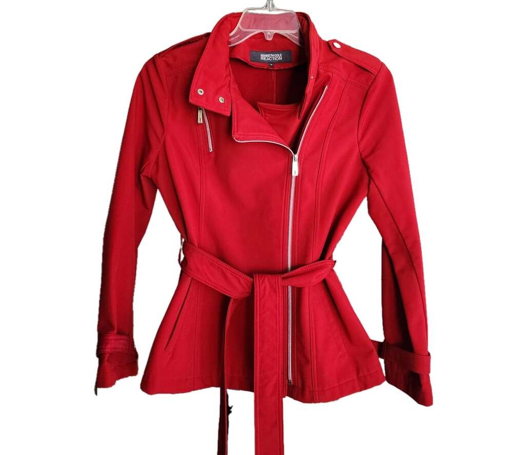 Kenneth Cole Reaction Red Asymmetrical Belted Trench Coat